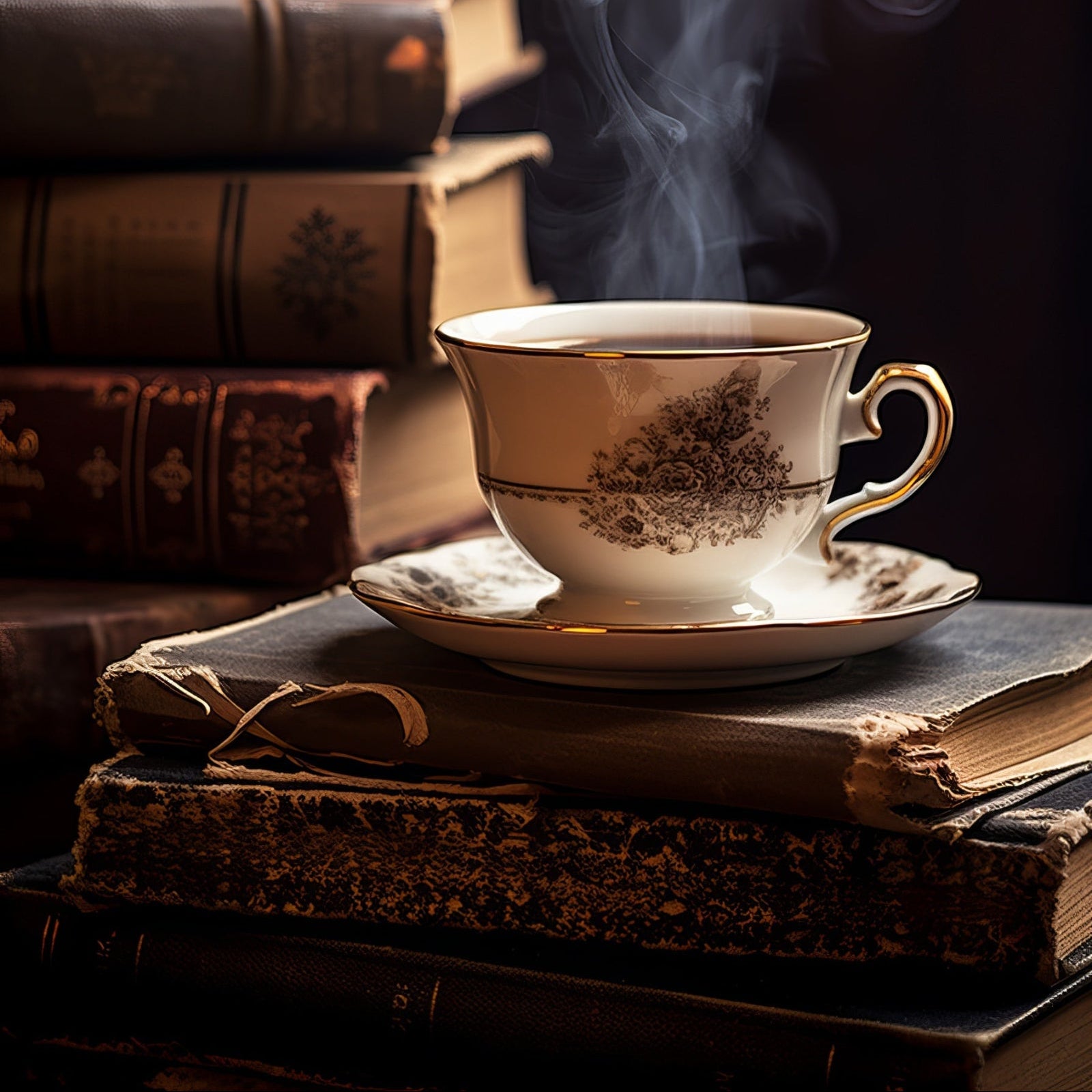 Steaming teacup on books with a candle in the background